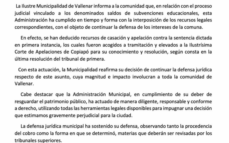 La Ilustre Municipalidad de Vallenar informa a sus vecinos y vecinas